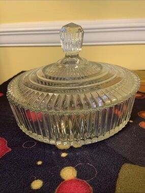 Vintage Anchor Hocking Queen Mary Clear Pressed Ribbed Glass Lidded Candy Dish